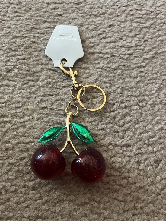 Accessories - Gold Cherry Keychain with Green Leaves - Women Accessories